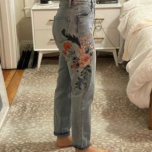 Mink pink floral embroidered high rise straight leg jeans